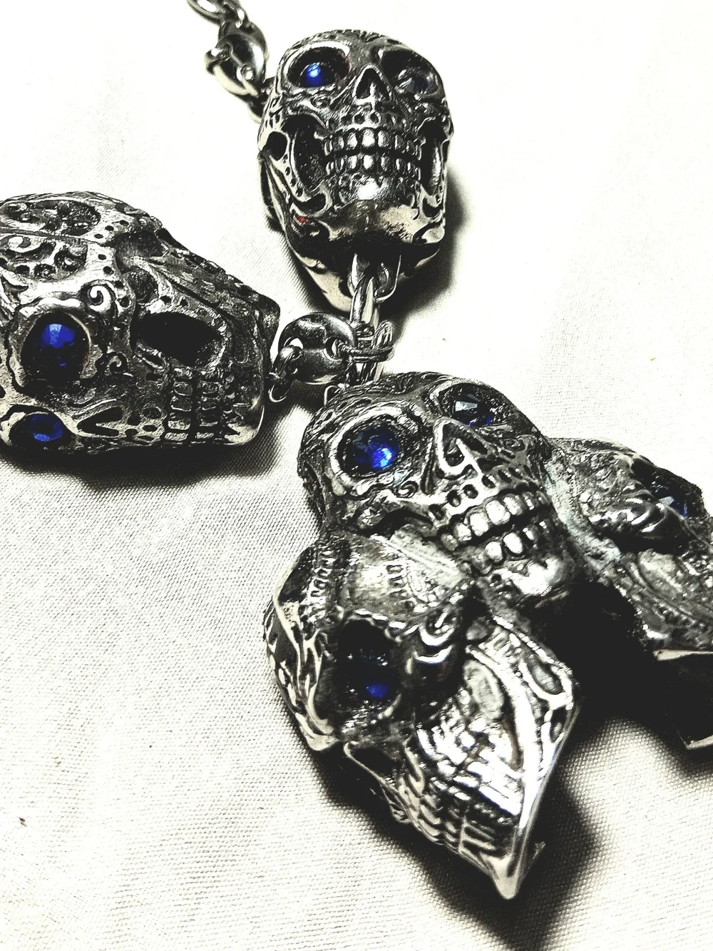 Stainless Steel Men's Skull Necklace with Blue Stone Eyes